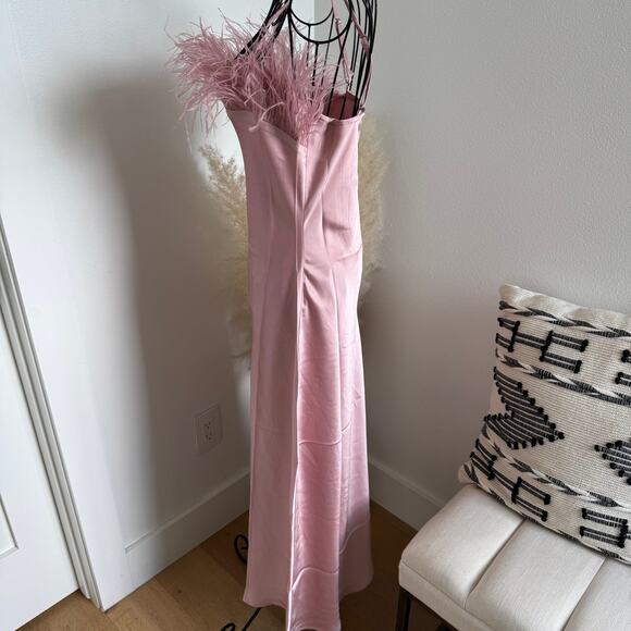 Blu Pepper Pink Satin Slip Midi Dress Faux Feather Trim NWT Medium - Picture 8 of 12